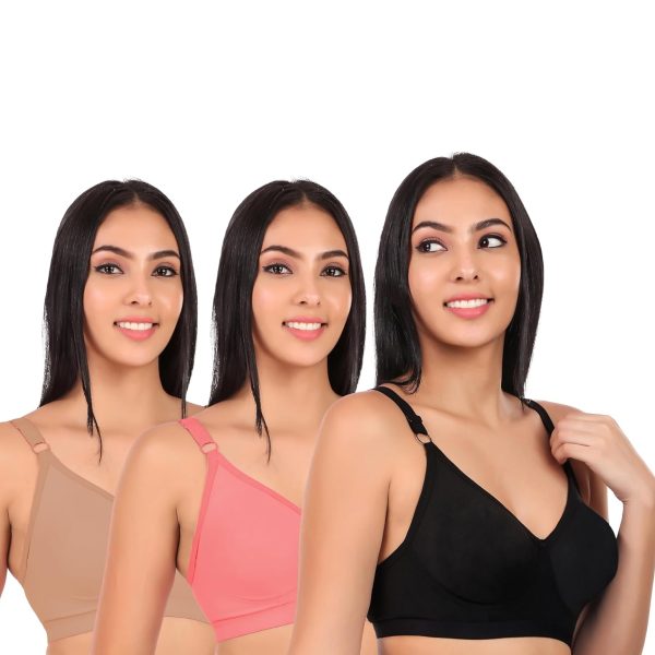 Clothonics Womens Non-Padded Non-Wired Seamless Double Layered T-Shirt Bra - Pack of 3