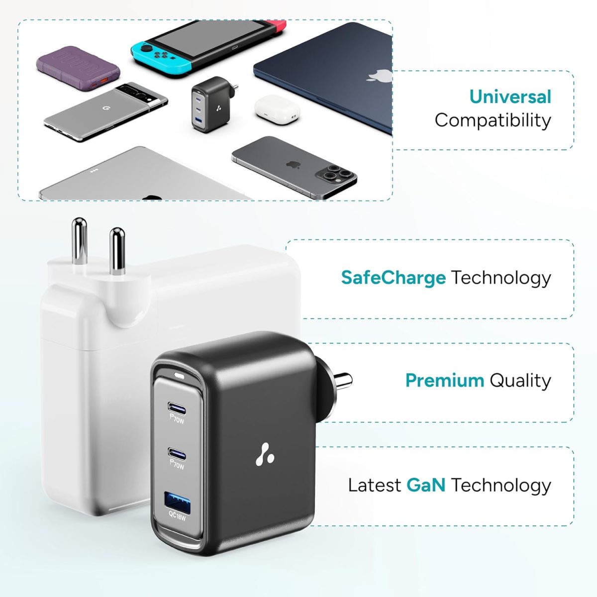 Ambrane 70W Fast Charging Adapter Gan Charger,3 Ports (2 Type C & 1 USB),BIS Certified,for iPhone 16/15/14 Samsung,Type C Laptops: MacBook,Dell,ASUS,Fast Charger PD Technology (Charge 70),Black - Image 6