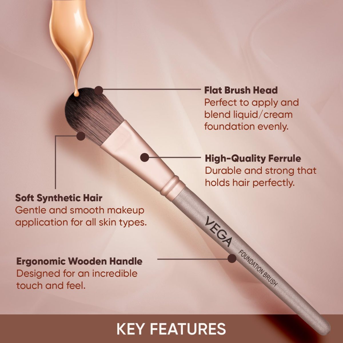 Vega Foundation Brush for Smooth Blending Makeup, Foundation Blender Makeup Brush, Full Coverage Seamless Looking Finish & Even Coverage Make up Brush, (MBN-01) - Image 3