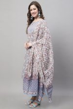 Monira Women's Pure Cambric Cotton Jaipuri Floral Printed Anarkali Kurta Set with Dupatta (Ready to Wear; Blue) - Image 6