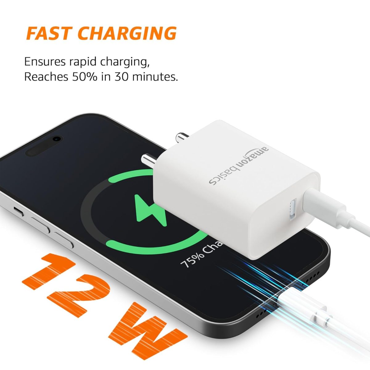 Amazon Basics 12W Dual Port Fast Charger | 12W Max Output | Includes 1 m Type C Cable | Universal Compatibility - Image 2