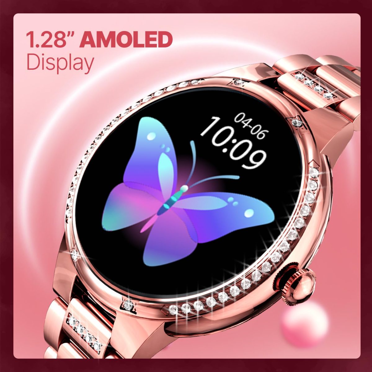 CrossBeats Diva 1.28” Stylish Smart Watch for Women with Stone Studded Bezel| Amoled Display | Female Health Tracker | 100+Sports Modes| Premium Metal Smartwatch with Wireless Charging - (Rose Gold) - Image 2