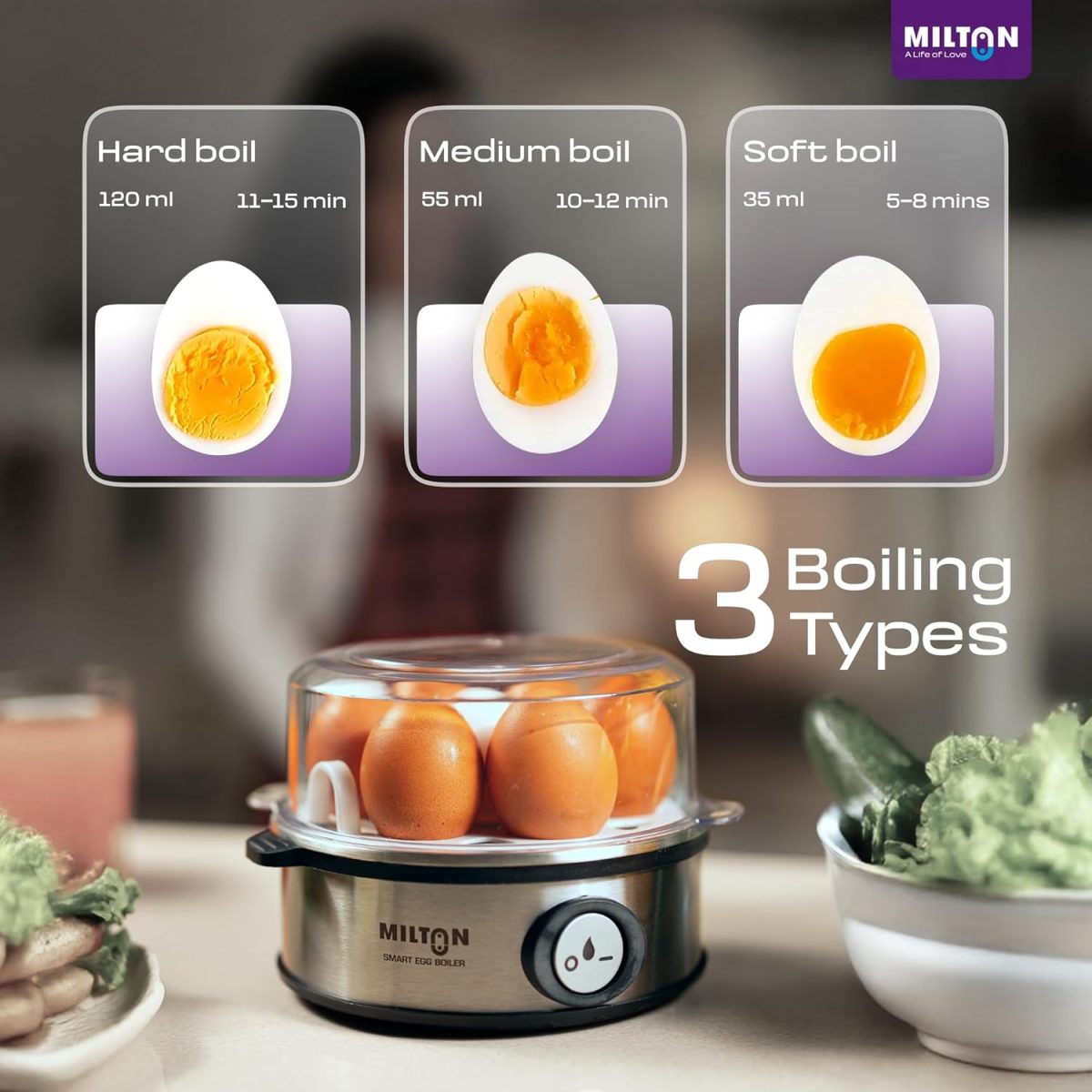 Milton Smart Instant Electric Egg Boiler | Automatic Cut Off | Egg Cooker & Steamer for Boiling Up to 7 Eggs | 3 Boiling Modes | 360 Watt | Stainless Steel Body & Heating Plate | - Image 8