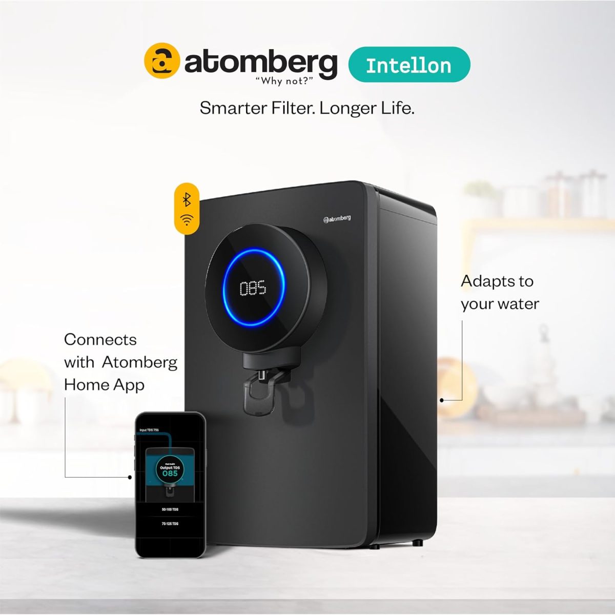 Atomberg Intellon - India’s 1st Adaptive Water Purifier*| RO+UF+UV+Alkaliser | Zero Cost for 2Yrs | 4 Modes | TDS-Based Filtration | Smart IoT | 7-Stage | Retains Minerals | 8L | 2Yr Warranty | No AMC - Image 2
