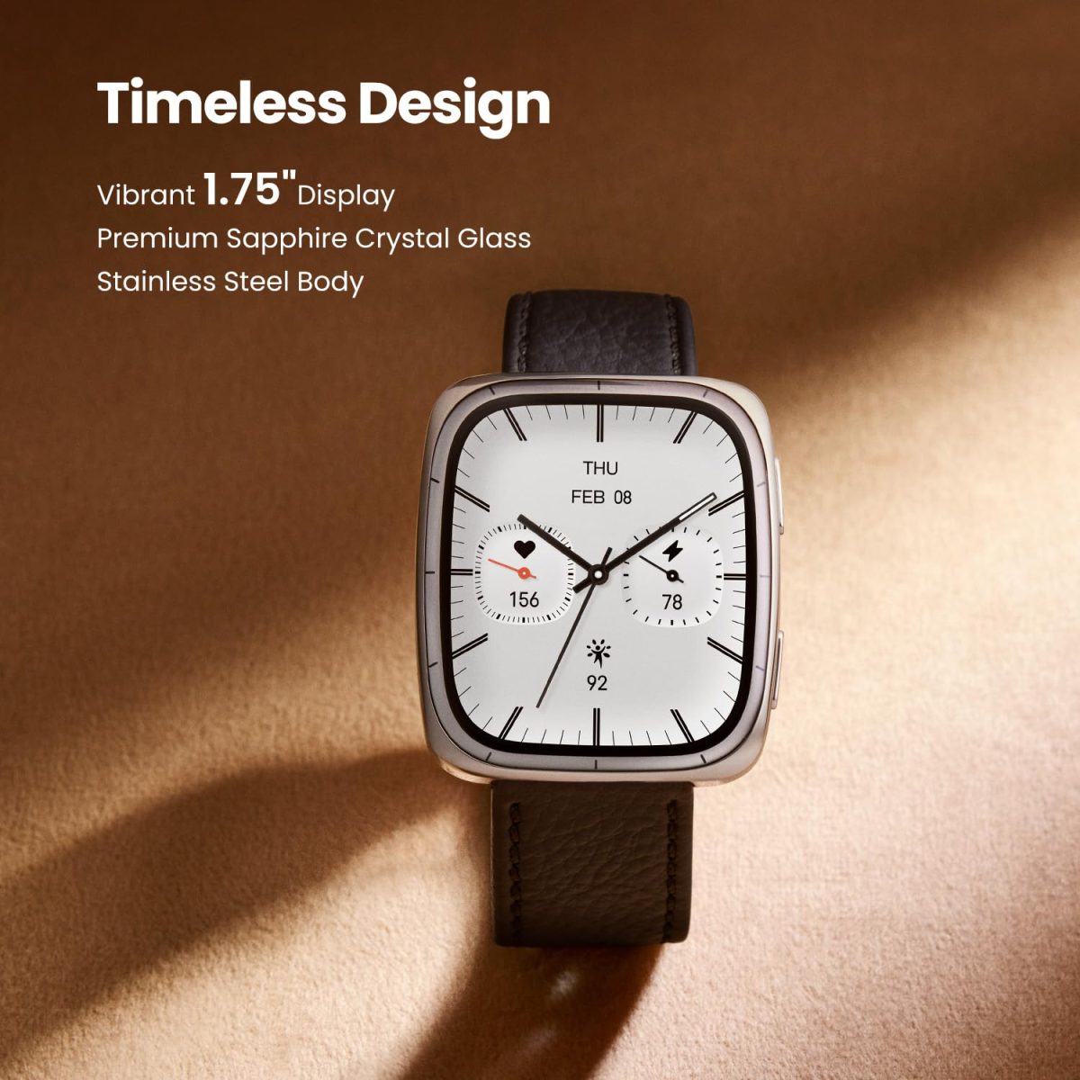 Amazfit Active 2 Square, 2000 Nits Bright AMOLED Display, Built in GPS, 10Day Battery, for Android & iPhone, Accurate Readings, BT Call, Sleep Monitor, 5ATM Water Resistant, Black Leather - Image 3