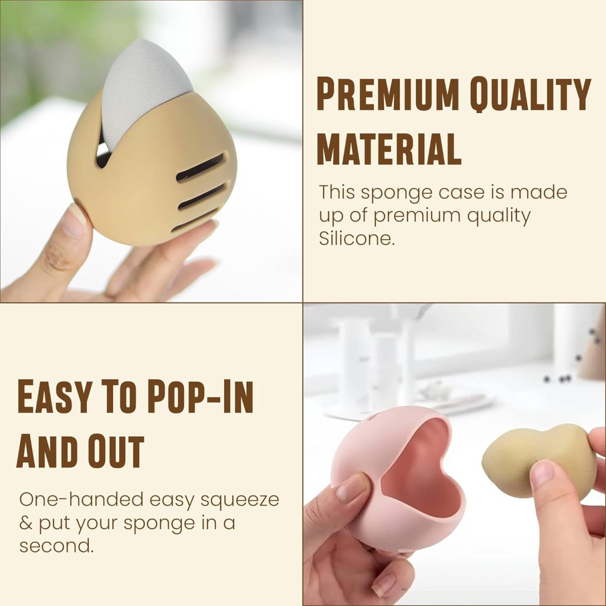 Homeaura Beauty Blender Sponge Holder Silicone Double Sided Breathable Shatterproof Makeup Sponge Holder Potable Travel Case | Pack of 2 |Khaki & Pink| - Image 8