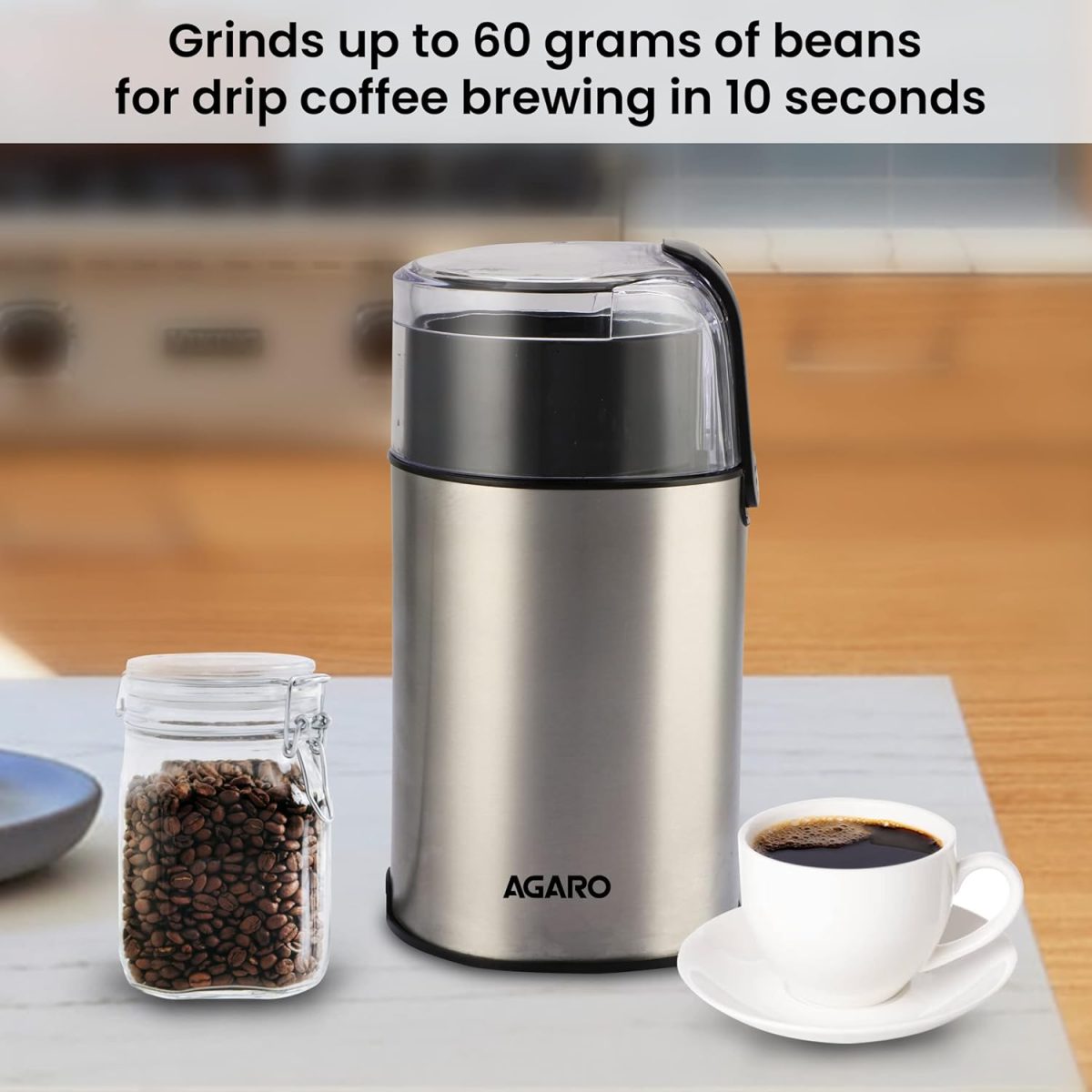 AGARO Grand Electric Coffee Grinder, Stainless Steel Blades, Grinds up to 60 Grams Dry Coffee Beans, Portable, Silver - Image 2