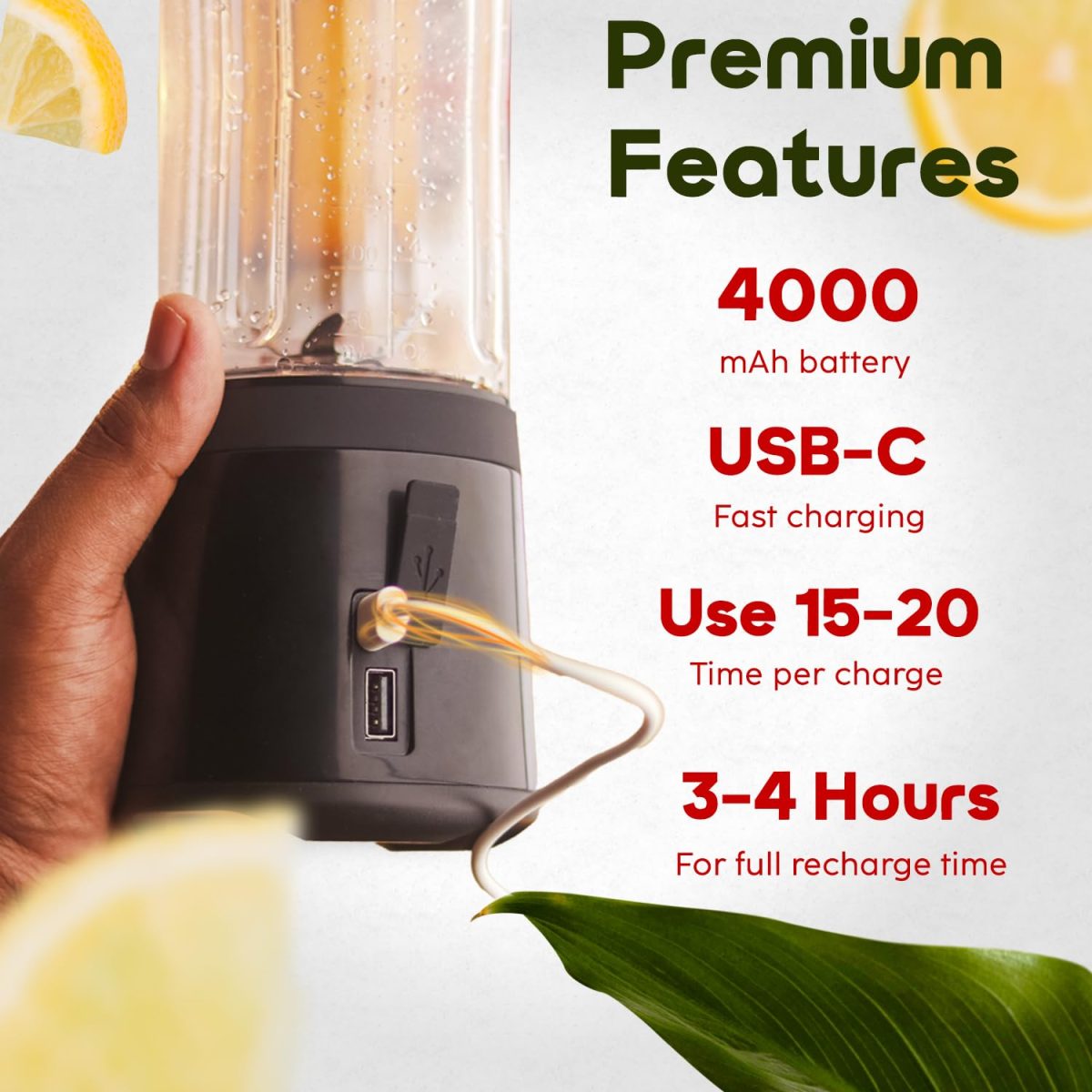 InstaCuppa Stainless Steel Portable Blender for Smoothies & Juices,Mixer Juicer that Crushes Ice,Electric Shaker USB Rechargeable Battery with 4000 mAh 230 Watts Motor,500 ML Juice Maker,Black - Image 6
