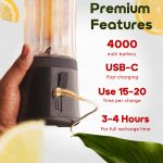 InstaCuppa Stainless Steel Portable Blender for Smoothies & Juices,Mixer Juicer that Crushes Ice,Electric Shaker USB Rechargeable Battery with 4000 mAh 230 Watts Motor,500 ML Juice Maker,Black - Image 6