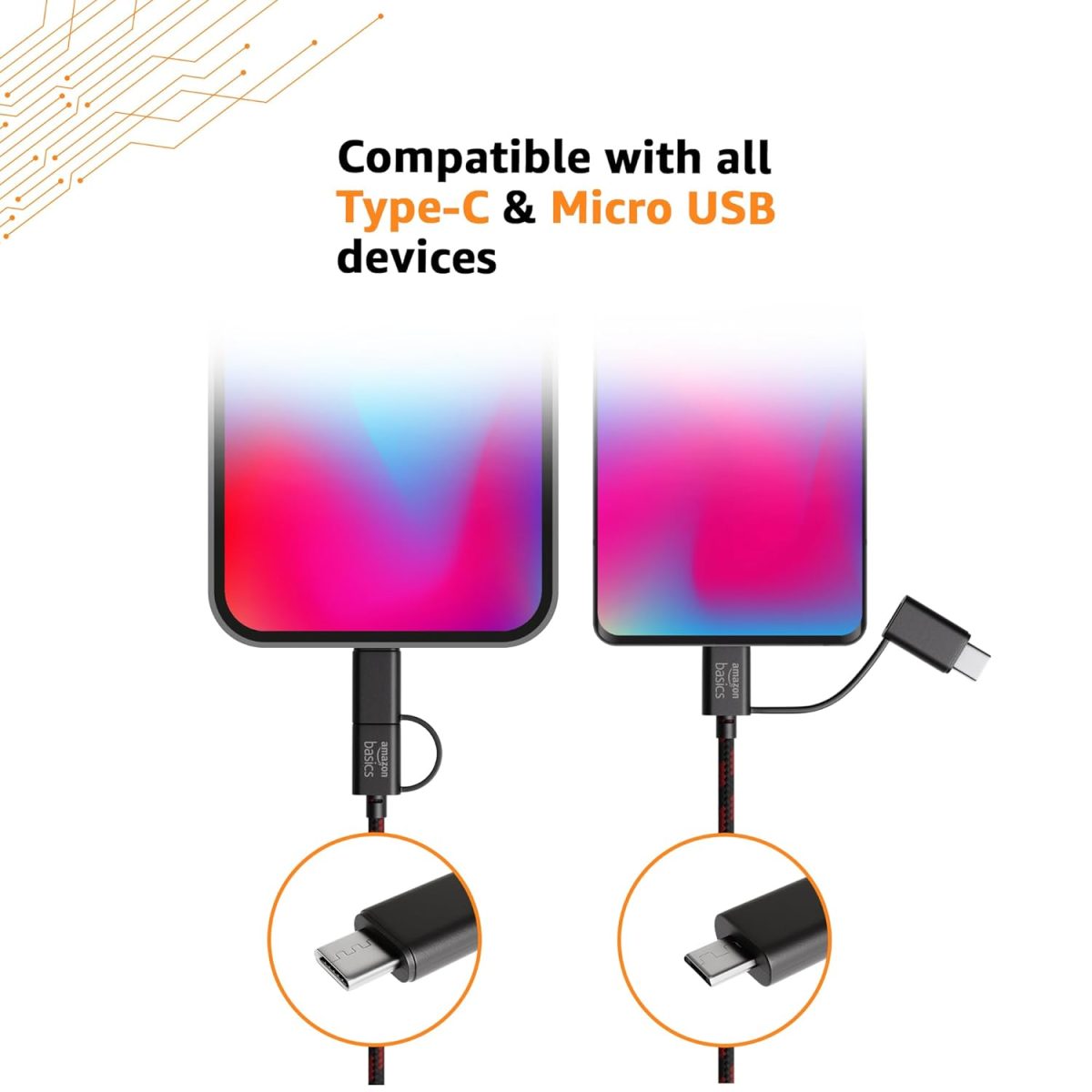 amazon basics 2-in-1 Type-C and Micro USB Braided Cable | 3A/18W Fast Charging & 480 Mbps Data Transfer | 1.2m, Tangle Free Cable - Image 4