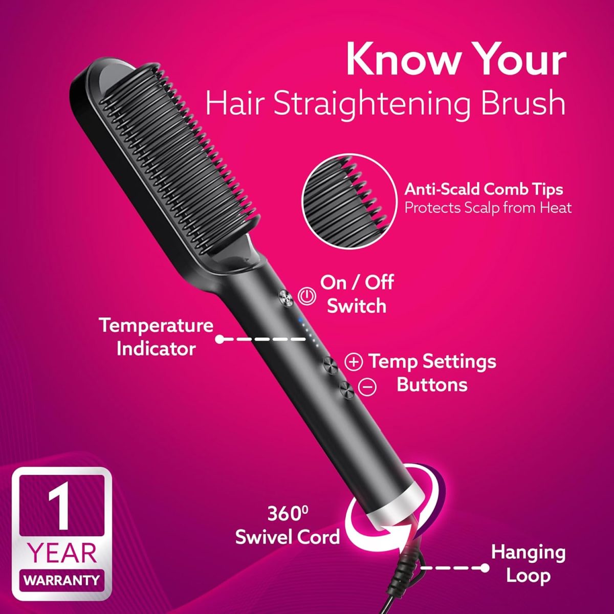 AGARO Hair Straightening Brush, Hair Straightening Comb For Women, Fast Heating, Ionic Care, 5 Heat Settings, Hair Straightener, Hot Brush, Gives Naturally Straight Hair in 5 Mins, Black, HSB2107 - Image 4