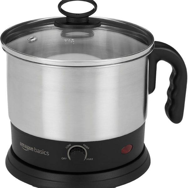 amazon basics Electric Multipurpose Kettle | for boiling Water, Eggs | Making Tea, Coffee| Stainless Steel Body with Automatic Shut-off | 18.3L x 15.7W x 19.1H cm | 1.2 L | 220 Volts | Silver, Black