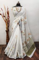 C J Enterprise Women’s Pure Soft Cotton Saree Linen For Silk Sarees Latest Party Design Wear Kalamkari Wedding Sadi With Blouse Piece Sari South Mulmul ikkat Mul Print 2025 New (Baby Cut White) - Image 7