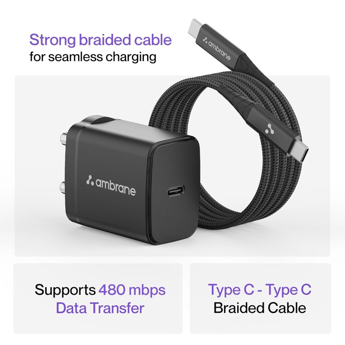 Ambrane 25W Mobile Charger Adapter Charging Cable | Fast Charging for Samsung Smartphones, iPhone 15/14/13/12/11/X & Pro Series & Other Type-C Devices (Charge 25, Black) - Image 5