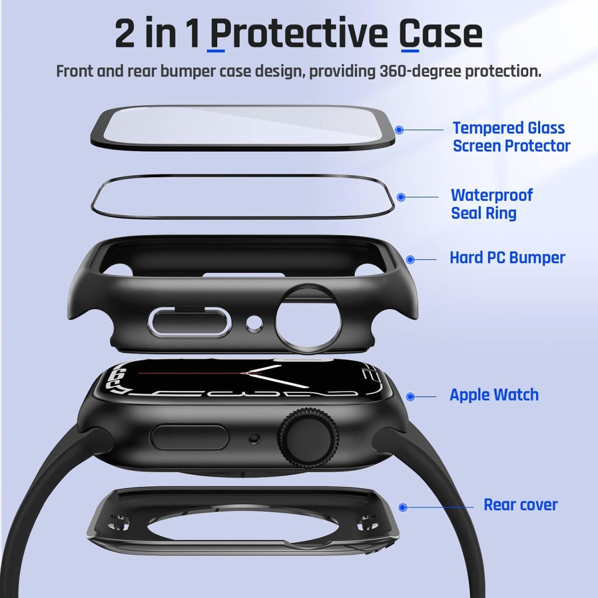 Vemigon Waterproof Case for Apple Watch Series 6 5 4 SE/SE2 with Tempered Glass Screen Protector 44mm, Full Coverage Hard PC Bumper Back Frame, Protective Cover for iWatch - (44mm Black) - Image 4