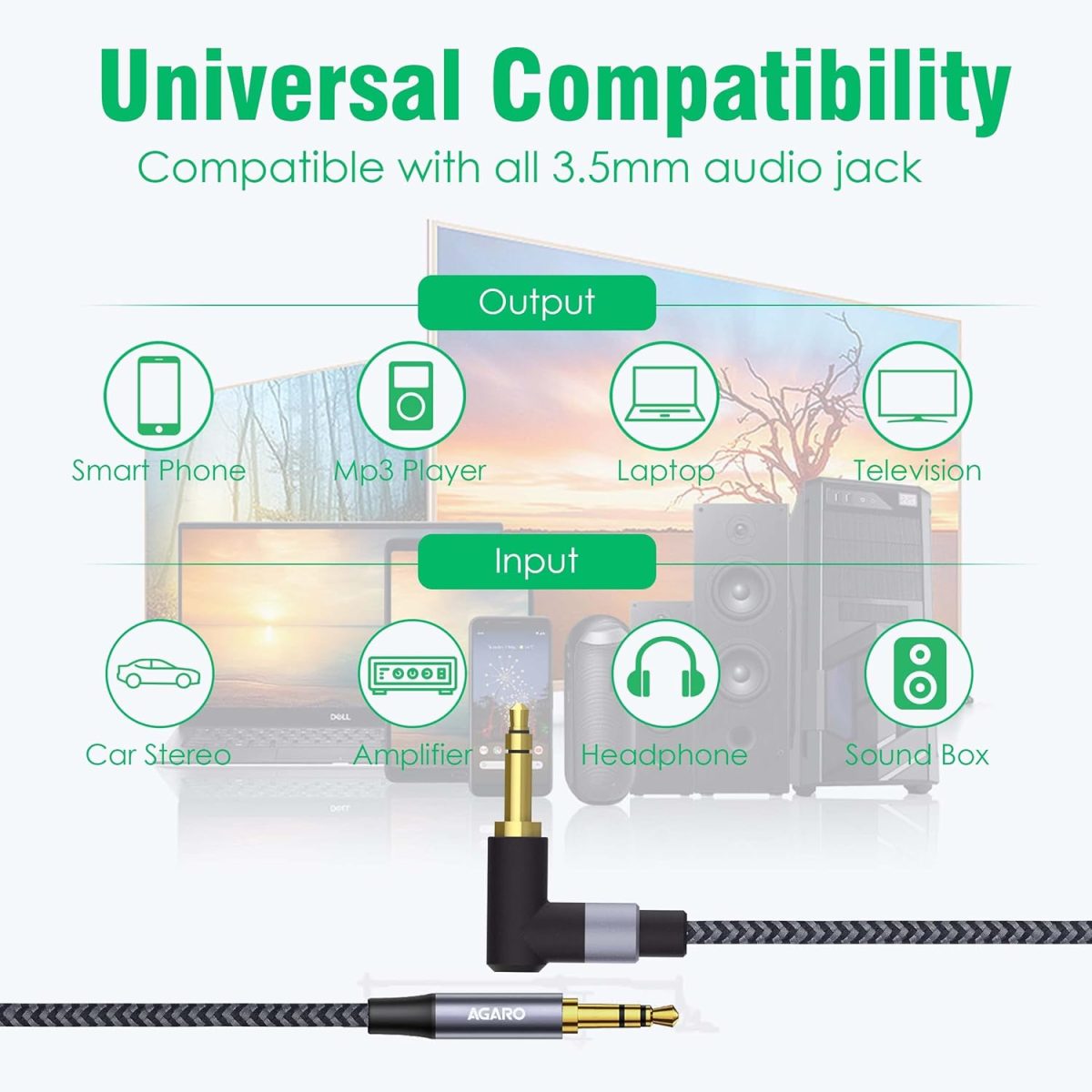AGARO 3.5mm Audio Cable Stereo Aux 90 Degree Right Angle Aux Cable 24K Gold Plated Male to Male Hi-Fi Sound for Car, Home Stereos, Speakers & More 1M/ 100CM/ 3.2 Ft, Silver & Black, (33664) - Image 4