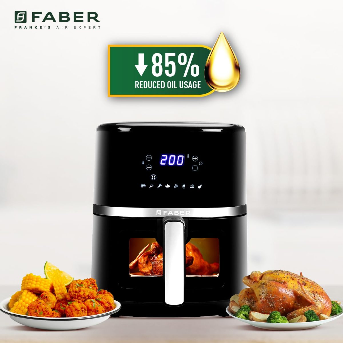 Faber 6L 1500W Digital Air Fryer | Fry, Bake, Roast, Toast, Defrost, Grill & Reheat | 85% Less Oil, 360° Air Cooking | 8-Preset Menu, LED Display & Touch Control, Non-Stick Pan, View Window | (Black) - Image 3
