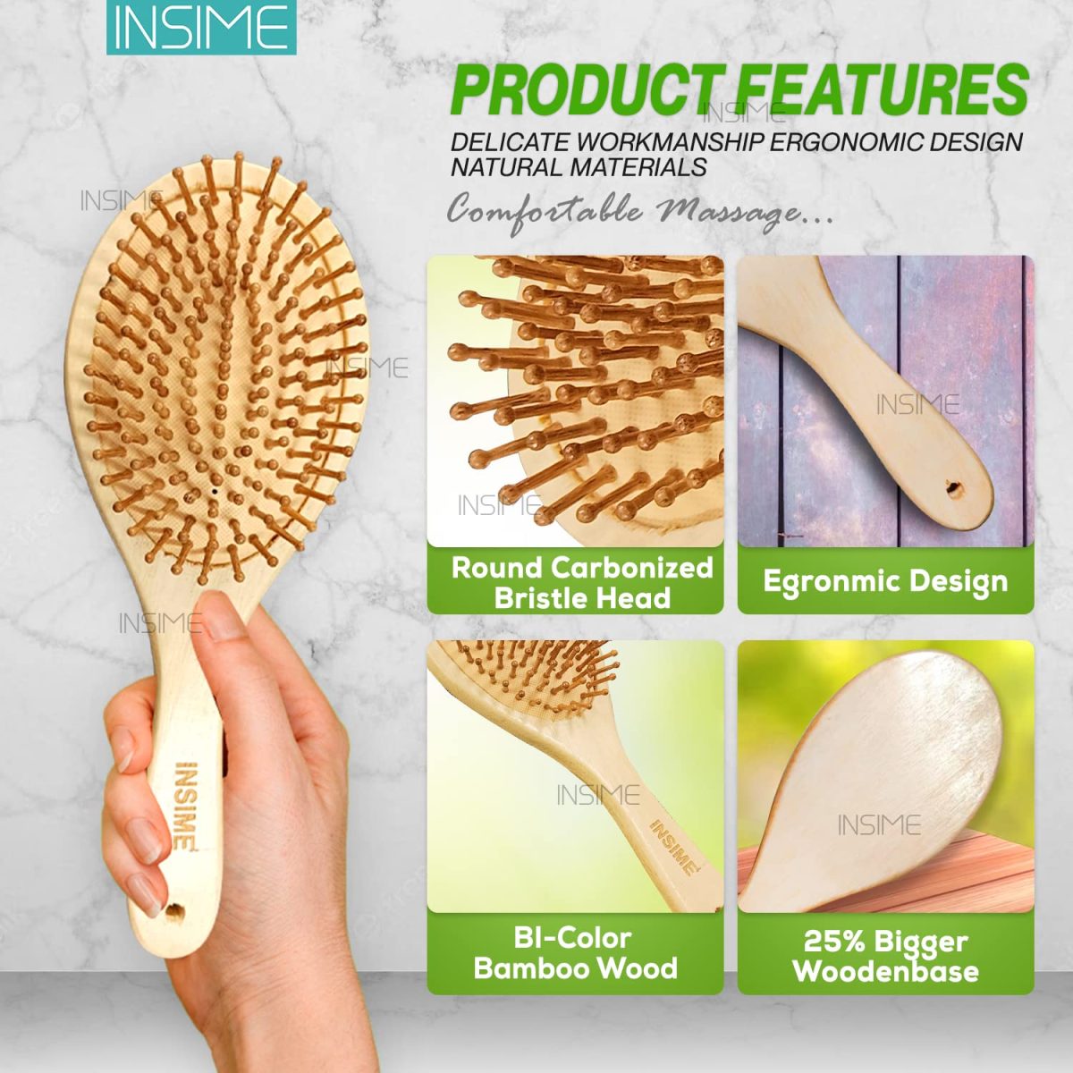 INSIME Wooden hair brush for Women & Men – Bamboo wooden Paddle hair brush for men women Curly hair – Bamboo Wooden brush for hair growth with flat paddle brush comb - Image 2