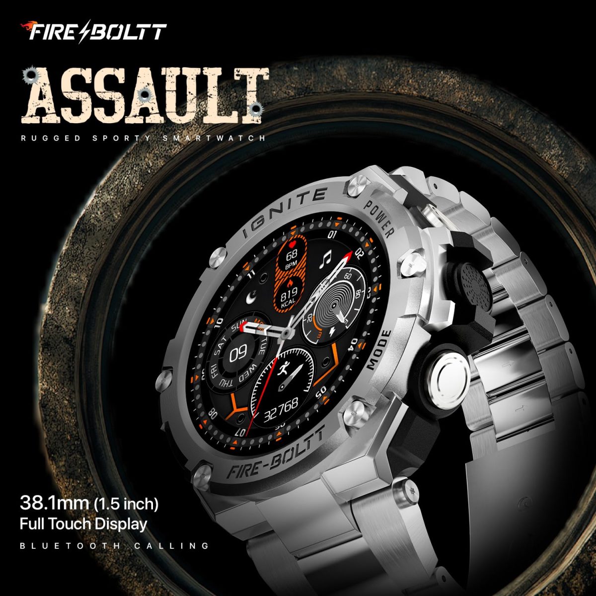 Fire-Boltt Assault Rugged Smartwatch – 1.5" HD Display, Bluetooth Calling, 600mAh Battery, Compass, Heart Rate & SpO2 Monitoring, 7-10 Days Battery Life, Heavy Metal Sports Design - Image 2