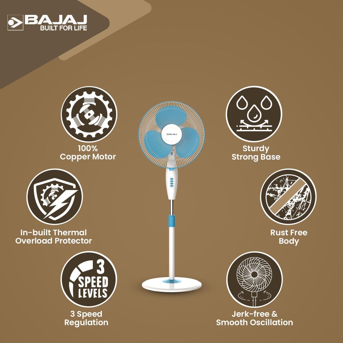 Bajaj Frore Neo 400 MM Oscillating Pedestal Fan For Home | Aerodynamically Balanced Blades | 100% Copper Motor | High Air Delivery | 3-Speed Control | Rust Free | 2 Yrs Warranty 【Blue】 - Image 4