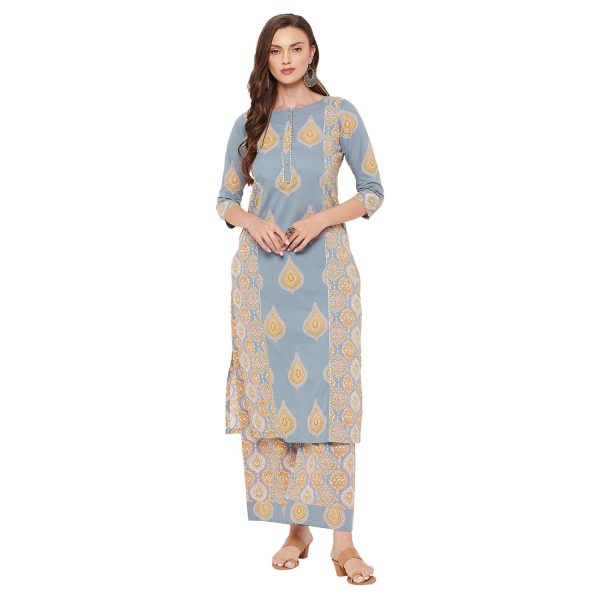 Tissu Women's Cotton Grey & Yellow Printed Kurta with Palazzo