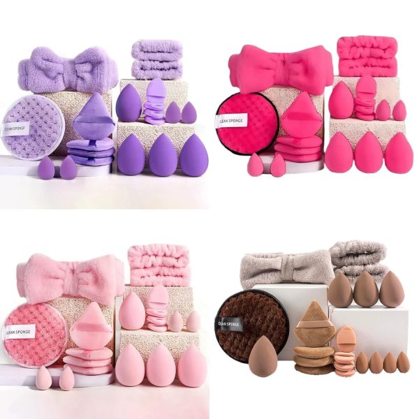 Soft Makeup Puff Set with Headband and CLEAN Pad 20 Pcs | Beauty Sponge Set in 4 Pastel Colors | Teardrop & Flat Blenders for Foundation, Powder, and Creams | Complete Face Makeup Tool Kit for Flawless Application