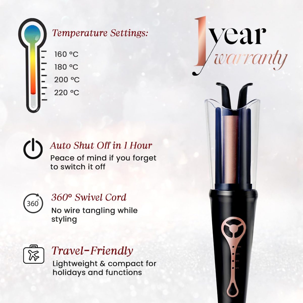 Urban yog MakeMeeBold Automatic Hair Curler| Easy Two-Way Curling Iron with 4 Temperature Settings | Anti-Scald Design, Quick Curls in 10-15 Min, Tangle-Free, Ceramic Coating, 360° Swivel Cord - Image 4