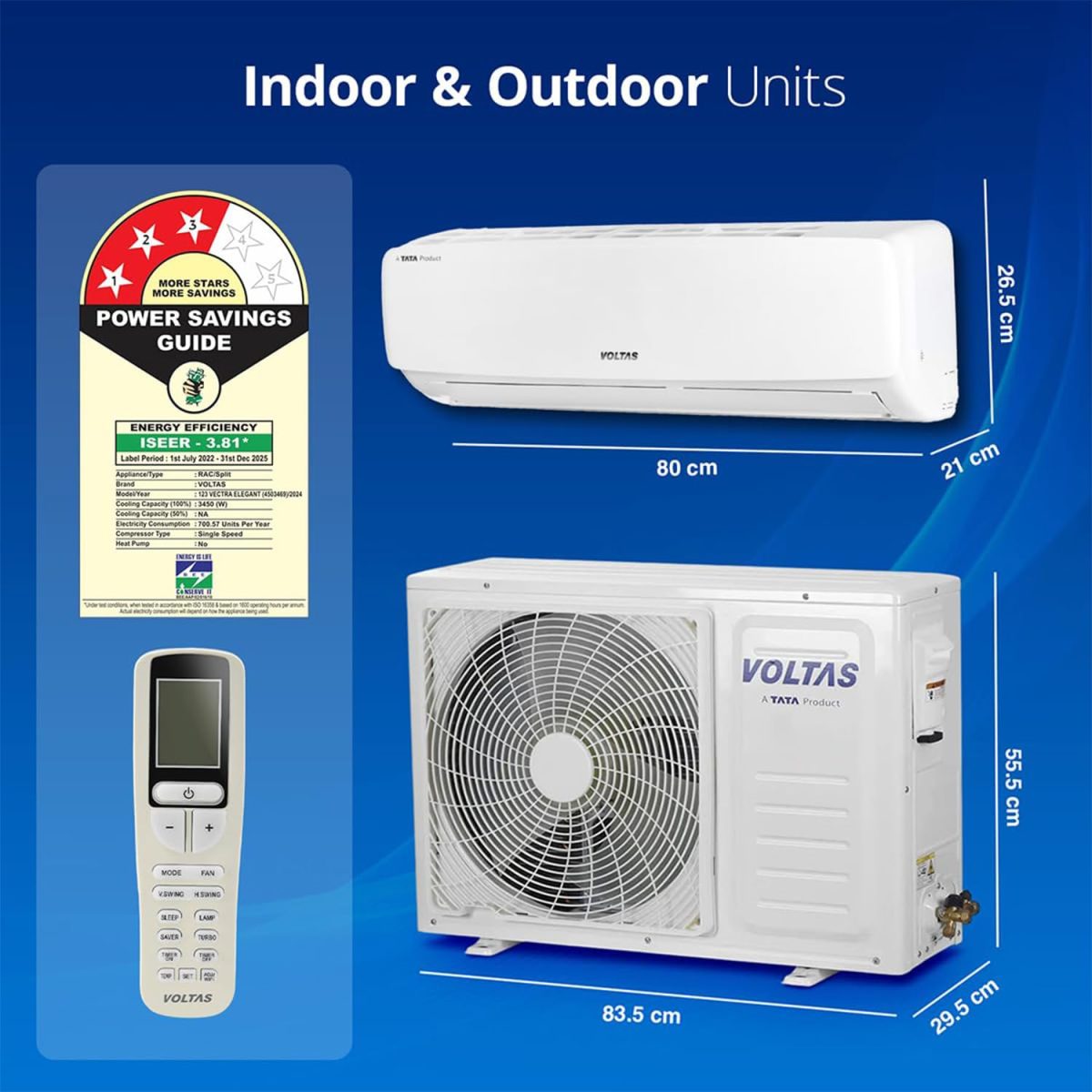 Voltas 1 Ton 3 Star, Fixed Speed Split AC (Copper, LED Display, Anti-dust Filter, SAC 123 Vectra Elegant, White) - Image 2