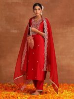 INDO ERA Women Rayon Viscose Yoke Zari Floral Straight Kurta Set & Pant With Embroidered Scalloped Dupatta Set - Image 7