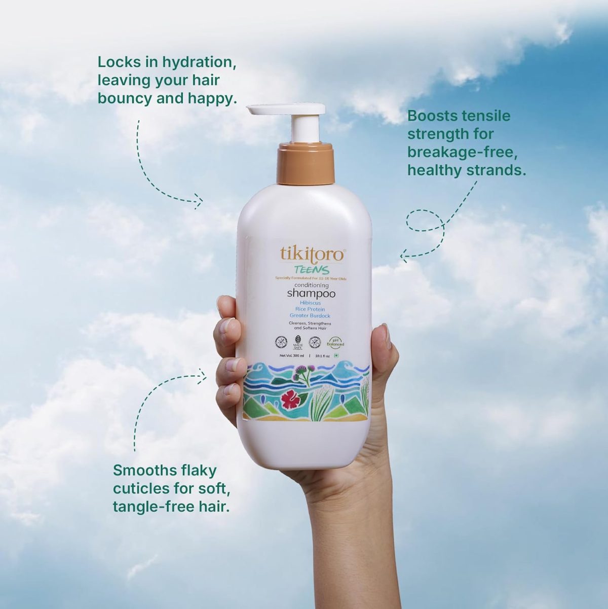 Tikitoro Teens Conditioning Shampoo 100% Vegan with Hibiscus, Rice Protein, Greater Burdock Extract, Cleanses, Strengthens & Softens Hairs, (Age: 11+) (300ml x 1) - Image 2