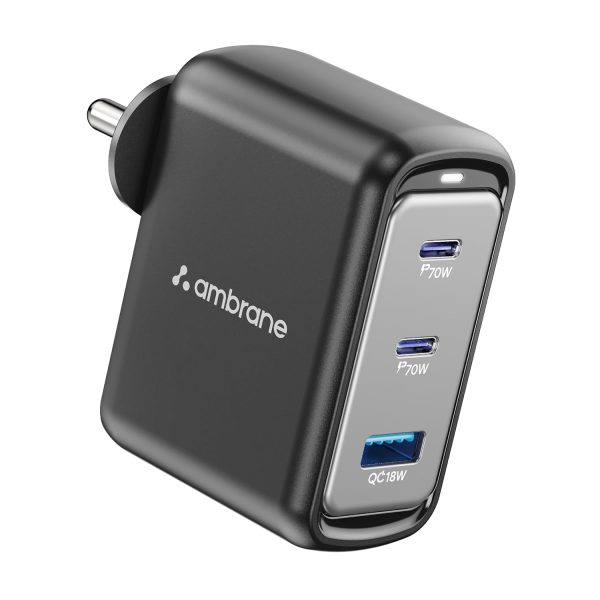 Ambrane 70W Fast Charging Adapter Gan Charger,3 Ports (2 Type C & 1 USB),BIS Certified,for iPhone 16/15/14 Samsung,Type C Laptops: MacBook,Dell,ASUS,Fast Charger PD Technology (Charge 70),Black