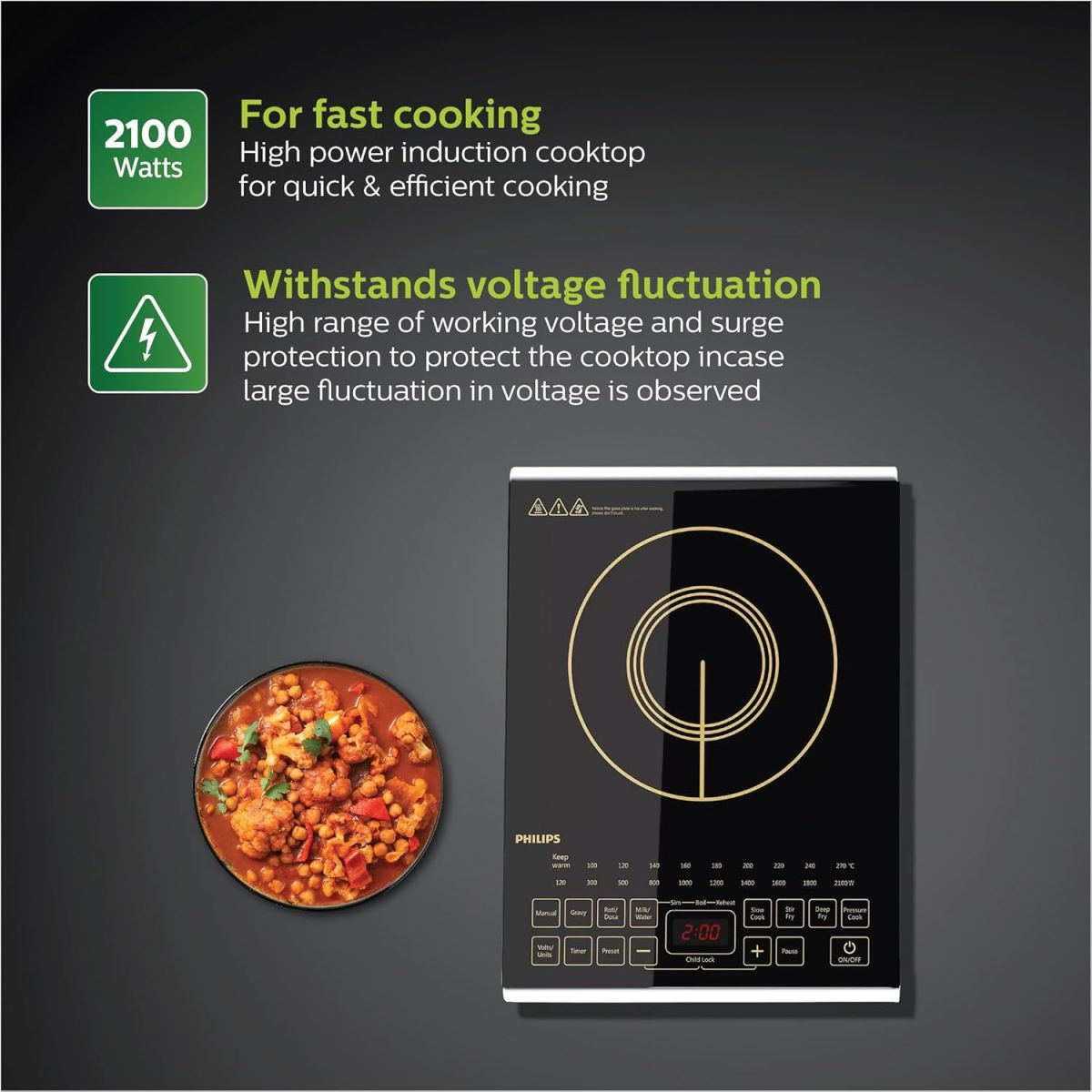 Philips Viva Collection Hd4938/01 2100-Watt Glass Induction Cooktop With Sensor Touch & Full Crystal Glass (Black) - Image 6