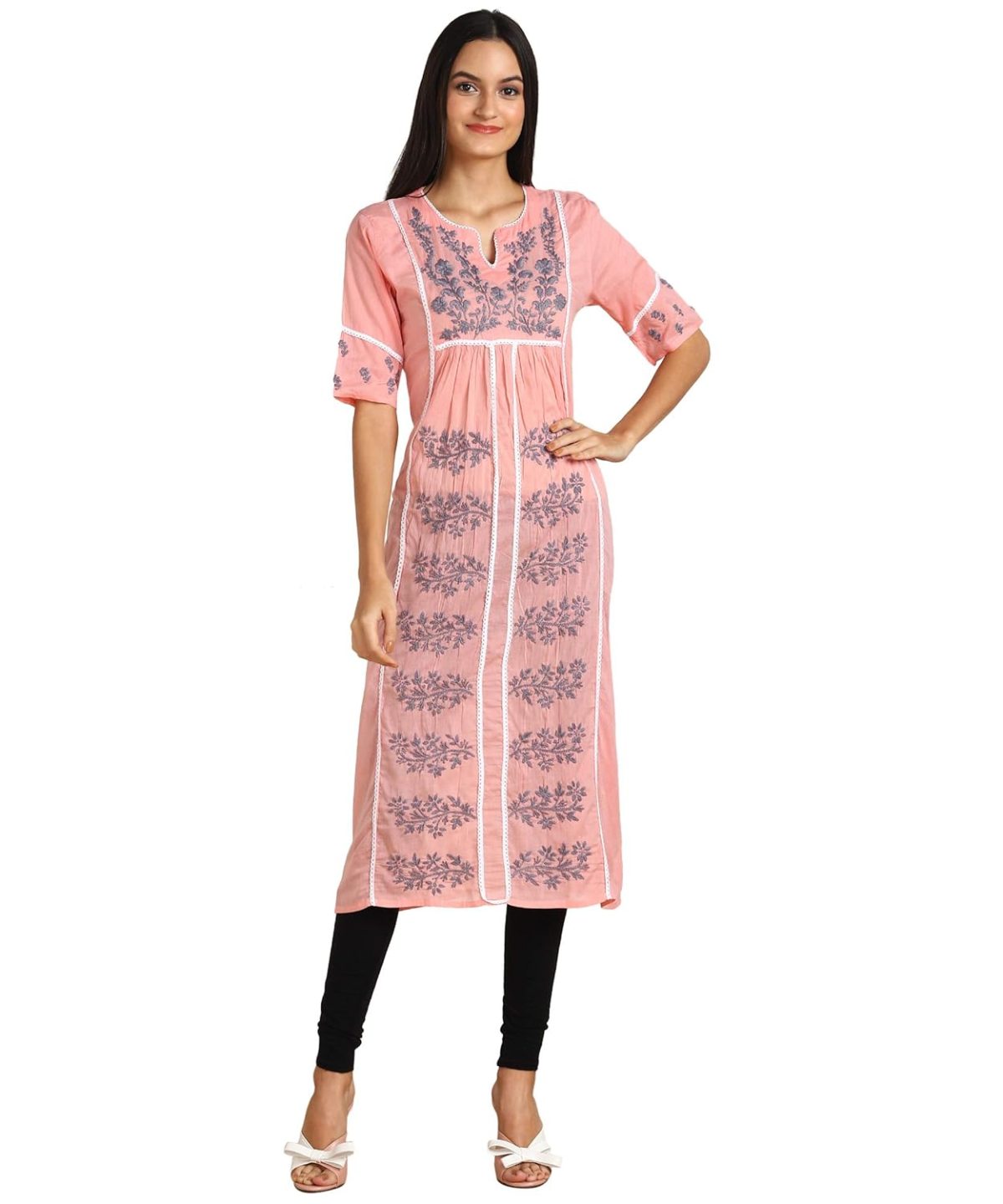 Vahson Lucknow Chikan Hand Embroidered Regular Fit Cotton Kurti Kurta for Women