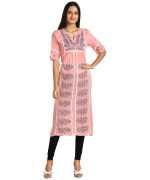 Vahson Lucknow Chikan Hand Embroidered Regular Fit Cotton Kurti Kurta for Women