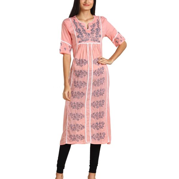 Vahson Lucknow Chikan Hand Embroidered Regular Fit Cotton Kurti Kurta for Women