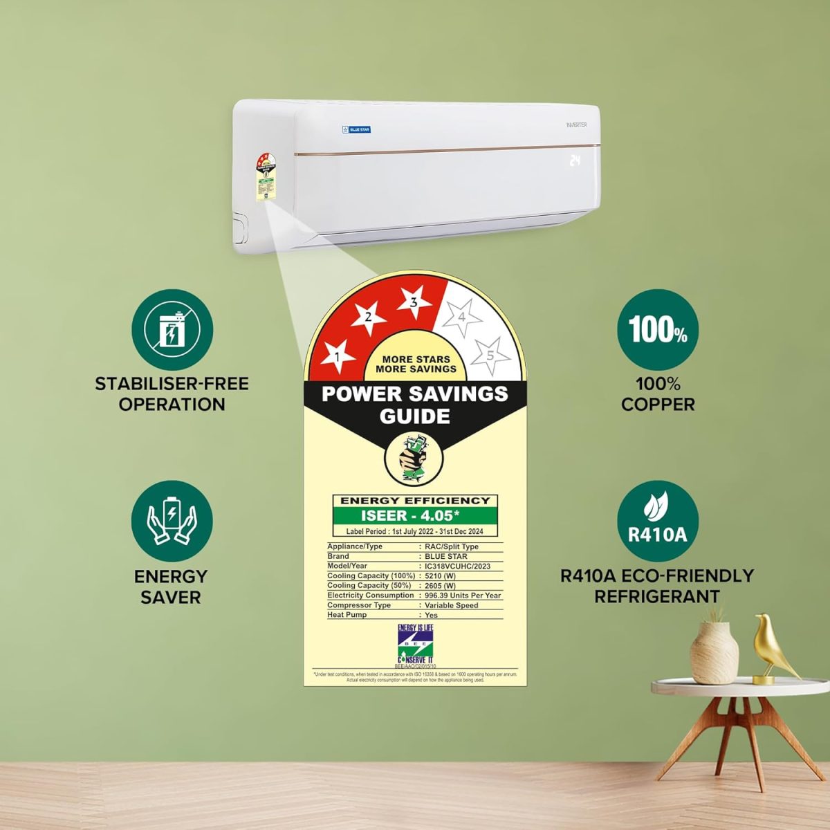 Blue Star 1.5 Ton 3 Star Hot and Cold, 60 Months Warranty, Inverter Split AC (Copper, Convertible 5 in 1 Cooling, Multi Sensors, Dust Filter, IC318VCUHC, White) - Image 3