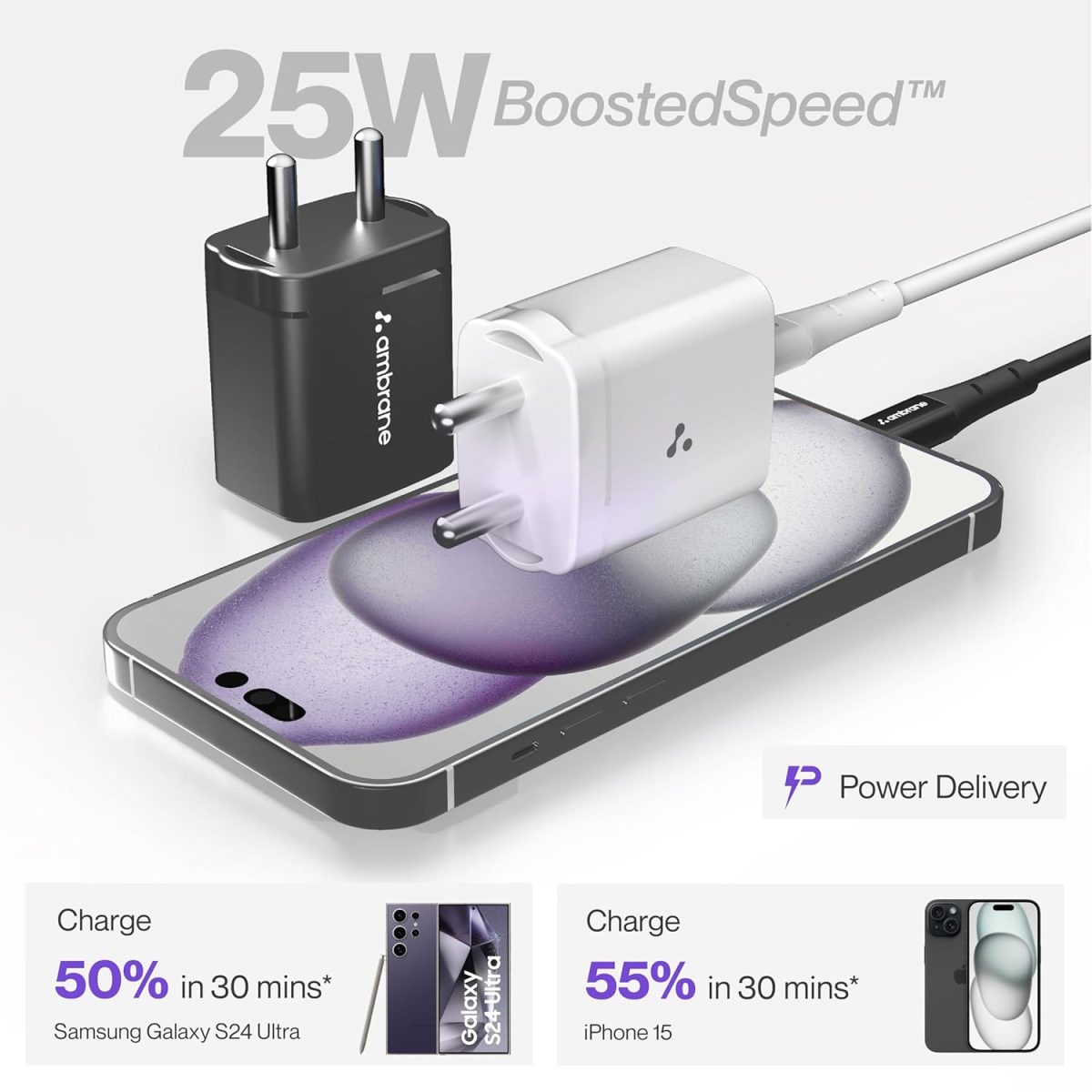 Ambrane 25W Mobile Charger Adapter Charging Cable | Fast Charging for Samsung Smartphones, iPhone 15/14/13/12/11/X & Pro Series & Other Type-C Devices (Charge 25, Black) - Image 3