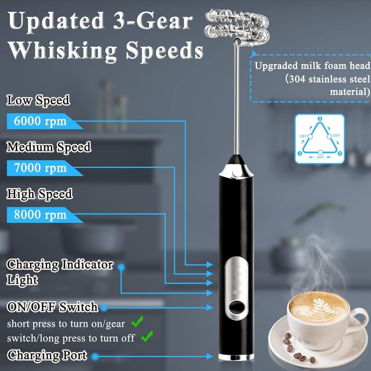 Primesky® Milk Frother Hand Blender Coffee frother Electric USB Rechargeable Electrics Foam Maker Electric Coffee Beater for Cappuccino Whisker for Egg Blender - Image 2