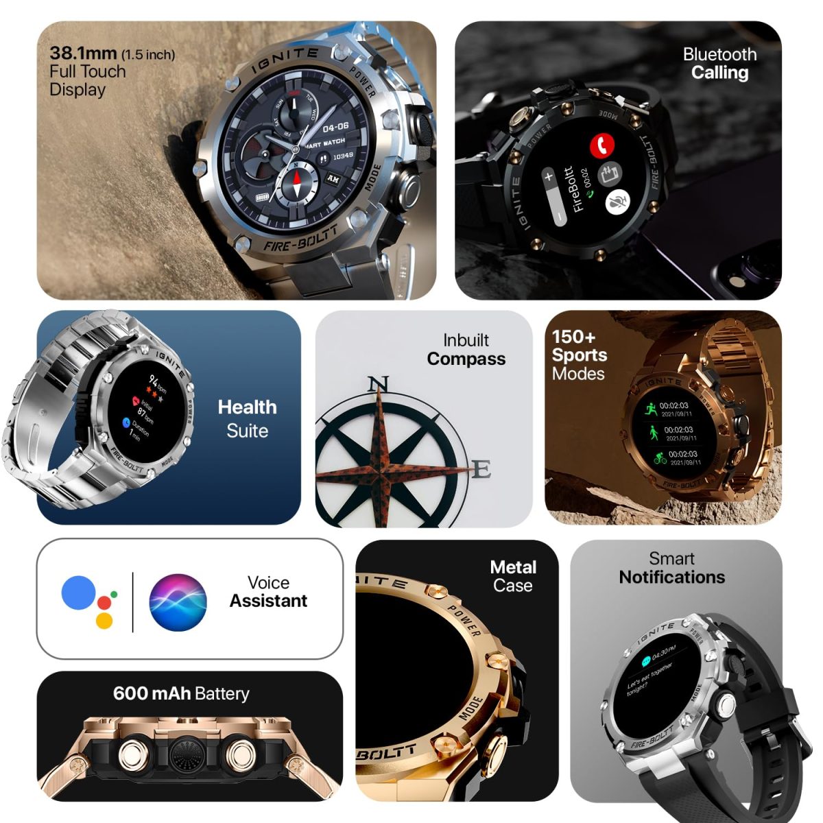 Fire-Boltt Assault Rugged Smartwatch – 1.5" HD Display, Bluetooth Calling, 600mAh Battery, Compass, Heart Rate & SpO2 Monitoring, 7-10 Days Battery Life, Heavy Metal Sports Design - Image 3