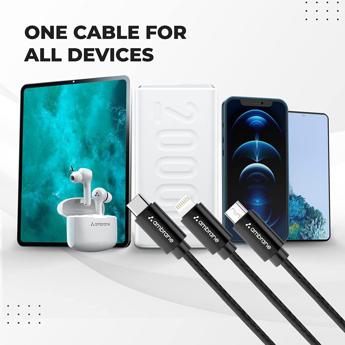 Ambrane Unbreakable 3 in 1 USB Fast Charging USB Cable with Type C, Lightning, Micro USB Port with 2.1 A, Compatible with iPhone, iPad, Samsung, OnePlus, Mi, Oppo, Vivo, Xiaomi, 1.25M (Trio-11, Black) - Image 5
