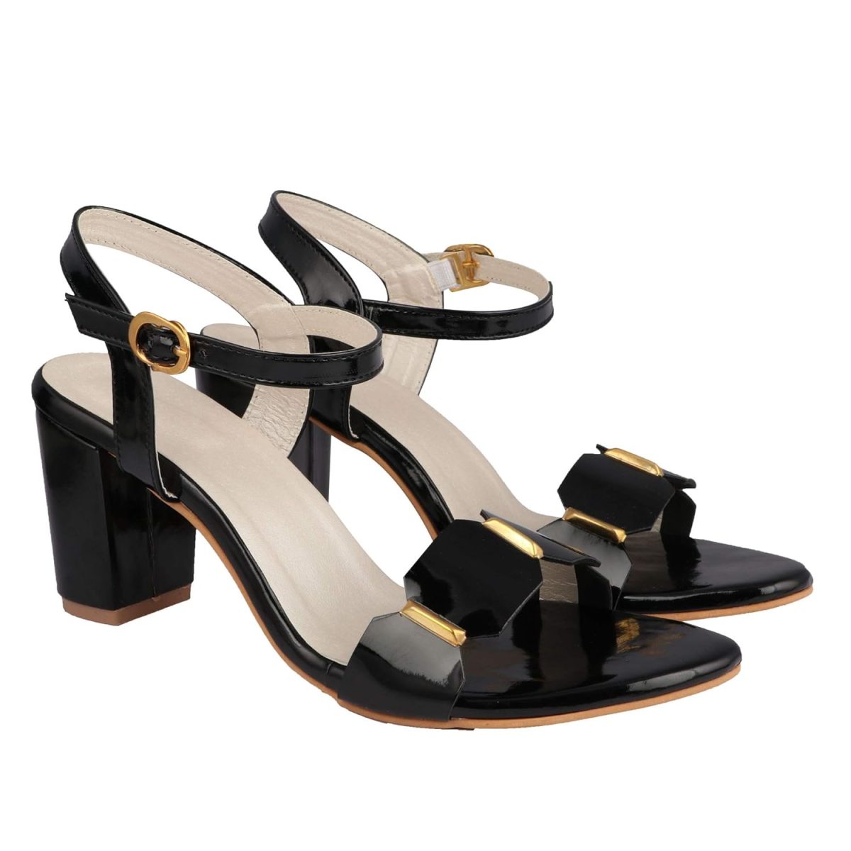 Shoetopia Elegant Heeled Sandals for Women ||Ankle Strap Chunky Block Heels with Gold Accent – Open Toe Dress