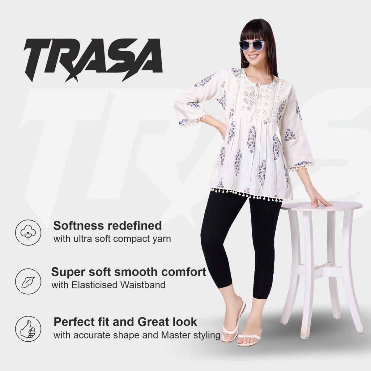 TRASA Tailored Cut & Classic Fit Stretchable Cotton Fabric Mid-Rise Skinny Fit High Ankle Length/Cropped Length Leggings for Women, Available Size - M, L, XL, 2XL, 3XL, 4XL, 5XL - Image 2