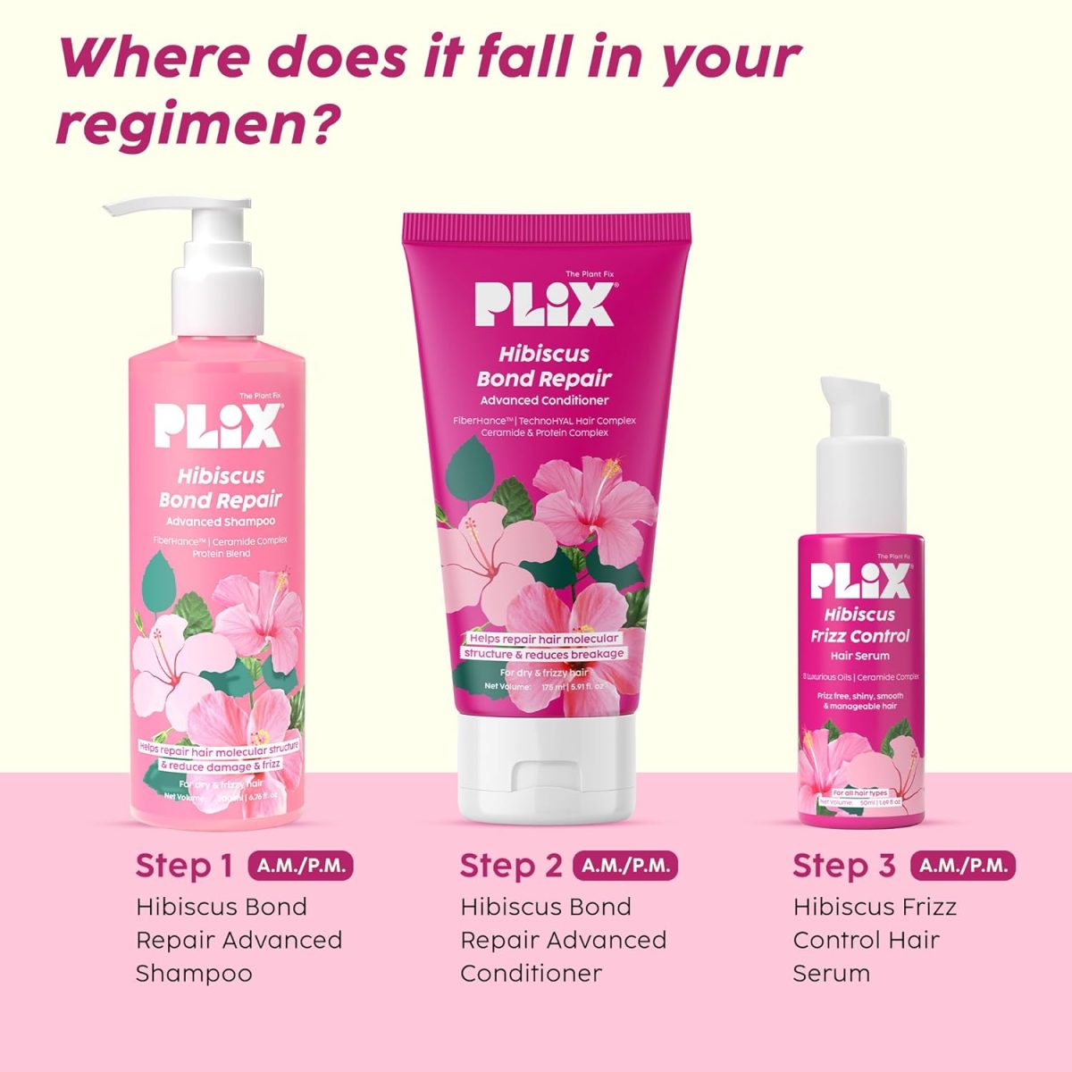PLIX - THE PLANT FIX Hibiscus Frizz Control Hair Serum 50ml + Bond Repair Shampoo 200ml + Conditioner 175ml | Protects & Smoothes Frizzy Hair| 3x Strength with Fiberhance - Image 9