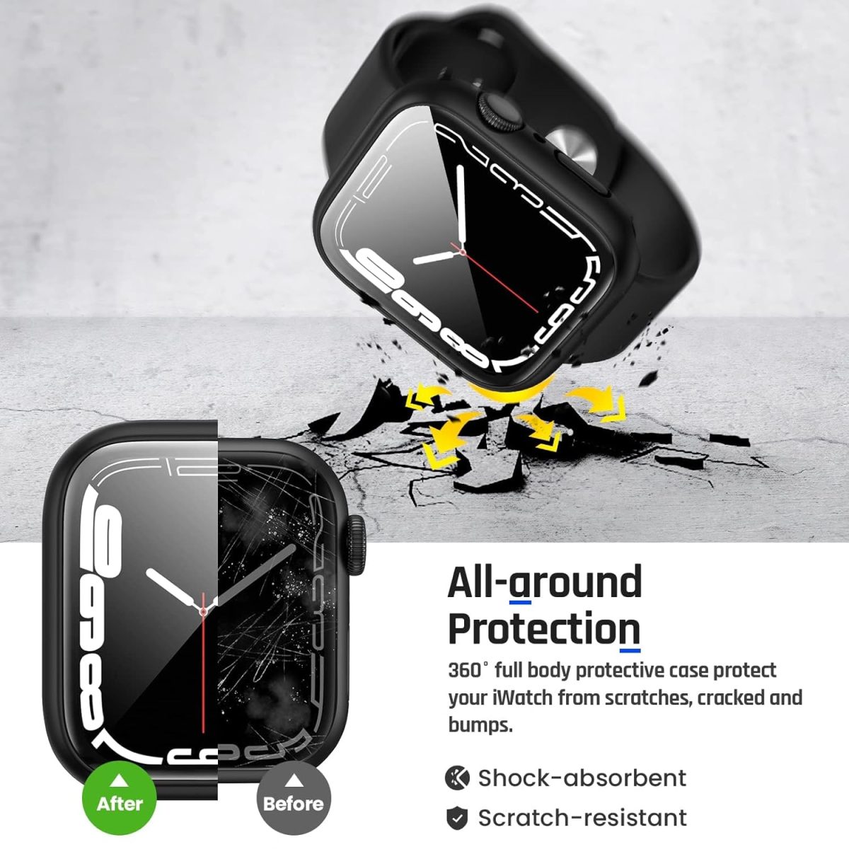 Vemigon Waterproof Case for Apple Watch Series 6 5 4 SE/SE2 with Tempered Glass Screen Protector 44mm, Full Coverage Hard PC Bumper Back Frame, Protective Cover for iWatch - (44mm Black) - Image 5