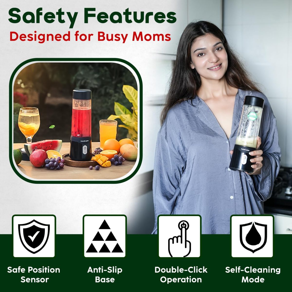 InstaCuppa Stainless Steel Portable Blender for Smoothies & Juices,Mixer Juicer that Crushes Ice,Electric Shaker USB Rechargeable Battery with 4000 mAh 230 Watts Motor,500 ML Juice Maker,Black - Image 7