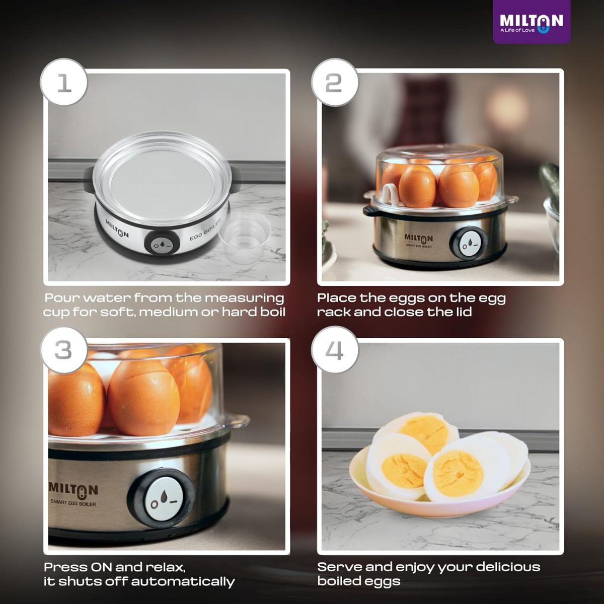 Milton Smart Instant Electric Egg Boiler | Automatic Cut Off | Egg Cooker & Steamer for Boiling Up to 7 Eggs | 3 Boiling Modes | 360 Watt | Stainless Steel Body & Heating Plate | - Image 9