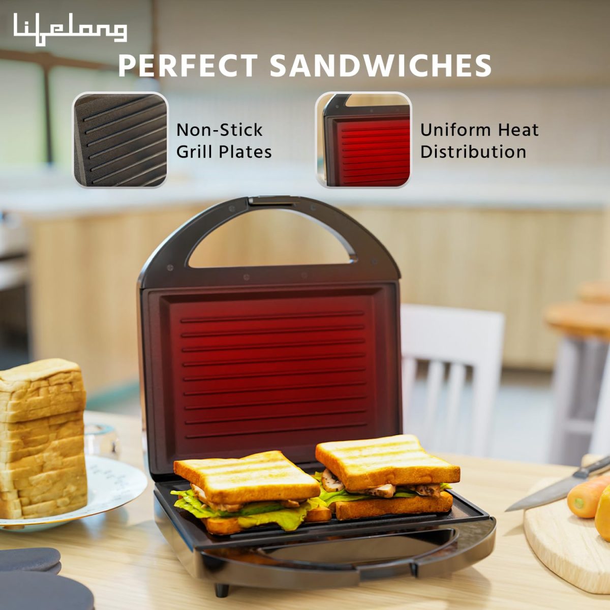 Lifelong Sandwich Griller 750 W, Classic Pro - Auto Cut off & Power Indicator | Sandwich Maker with 4 Slice Non-Stick | Fixed Plates for Sandwiches at Home with 1 Year Warranty (Black, LLSM120G) - Image 4