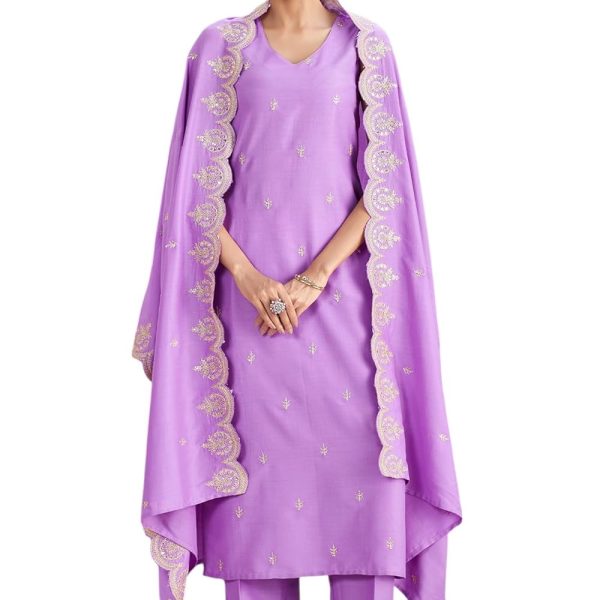 MOKOSH Women's Solid Chinon Embroidered V Neck Sleeveless Kurta and Pant with Dupatta Set