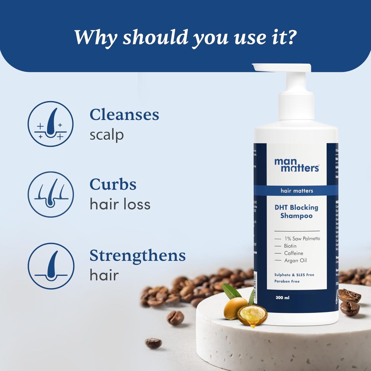Man Matters Dht Blocking Anti Hair Fall Shampoo, Reduces Hair Fall, Strengthen Hair, With Power Of Caffeine, Saw Palmetto, Argan Oil, & Biotin | 300ml - Image 3