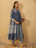 Arangya Ethnic Indigo Blue Pure Cotton Tiered Kurta Set with Comfortable Pure Cotton Straight Pants l Regular Wear l Outdoor Wear - Image 4